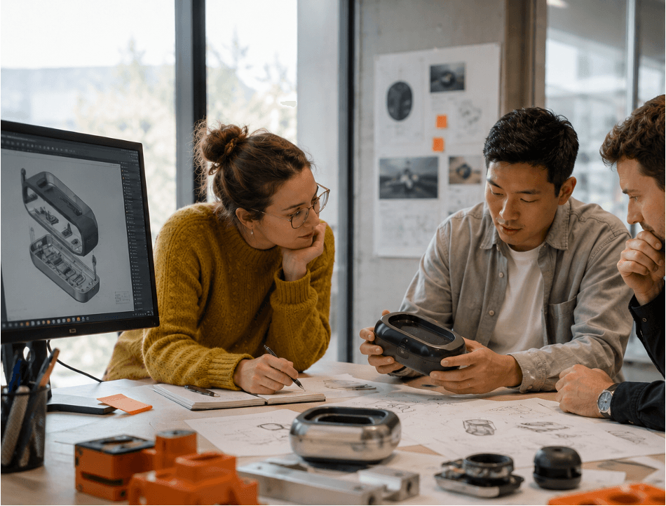 Product development team reviewing a connected device prototype